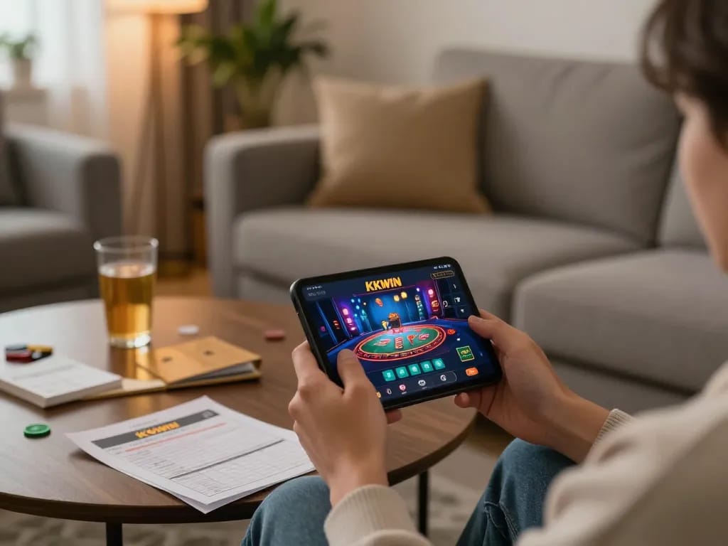 Engaging with a mobile device on KKWIN app for online casino gaming in a cozy home setting.