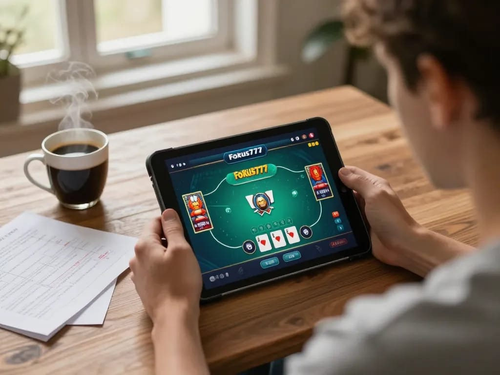 Engaging Fokus777 online poker game moment showcasing strategic gameplay on a tablet in a cozy home setting.
