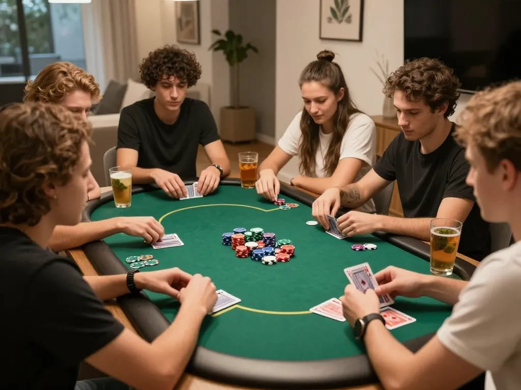 Friends enjoying a lively poker night at home with 888New, placing bets and analyzing cards.