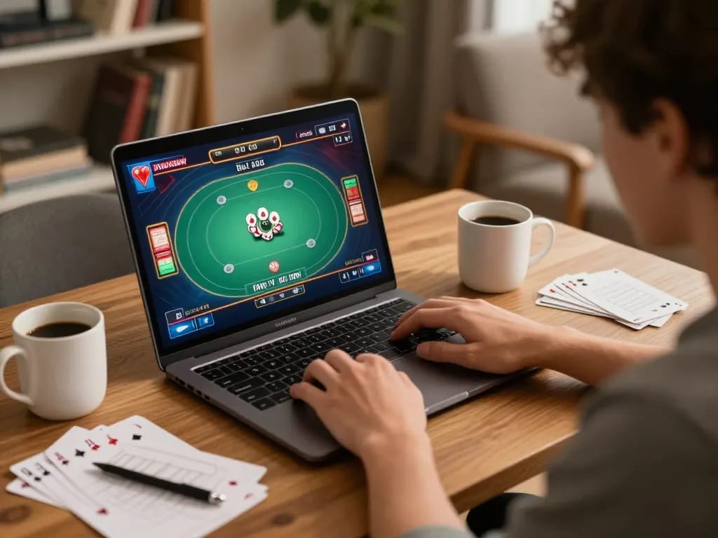Playing poker on fabet's online platform while strategizing at home.