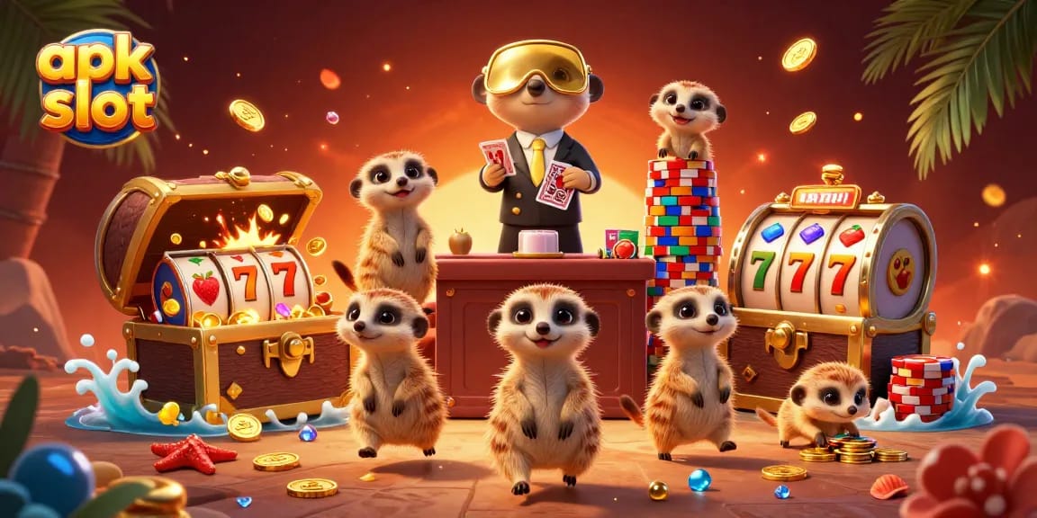 Menangkan jackpot dengan apk slot dalam ilustrasi kasino ramai dari koloni meerkat yang cerdik.