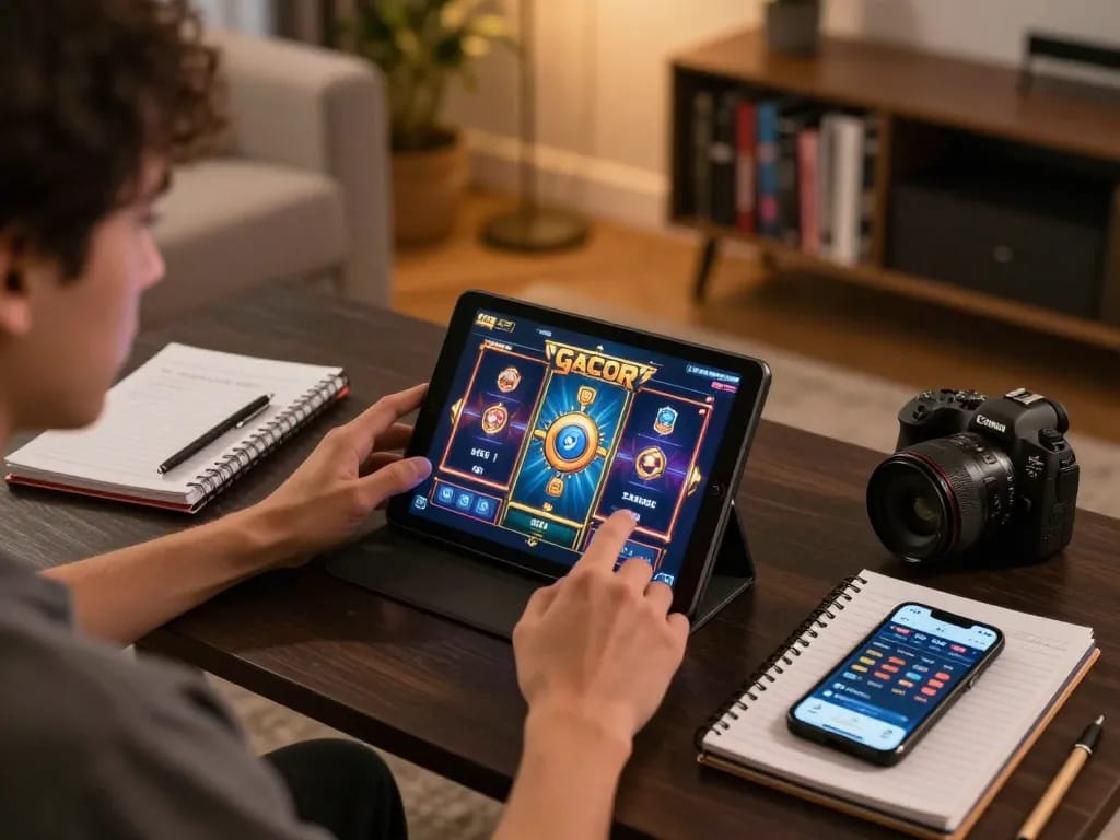Engaging player exploring slot gacor game strategies on tablet amidst cozy home setup.