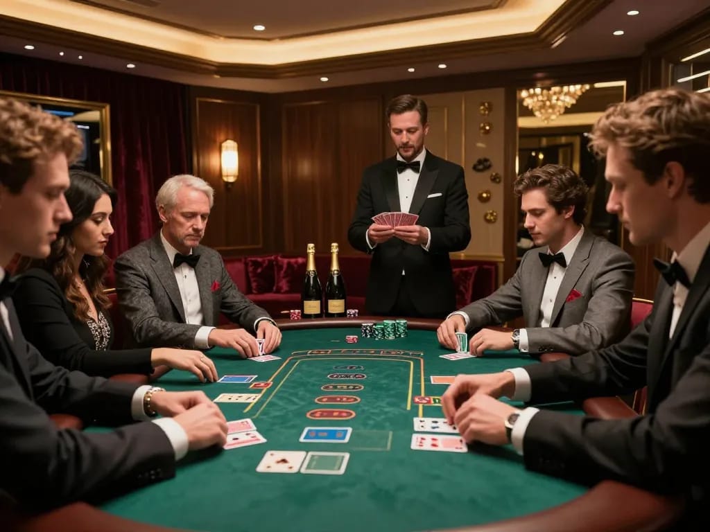 Engaged VIP players strategizing over blackjack at vipwin's luxury gaming table.