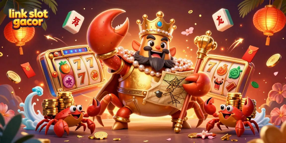 Permainan slot gacor dengan kepiting emas dan chip emas, menarik perhatian pemain judi.