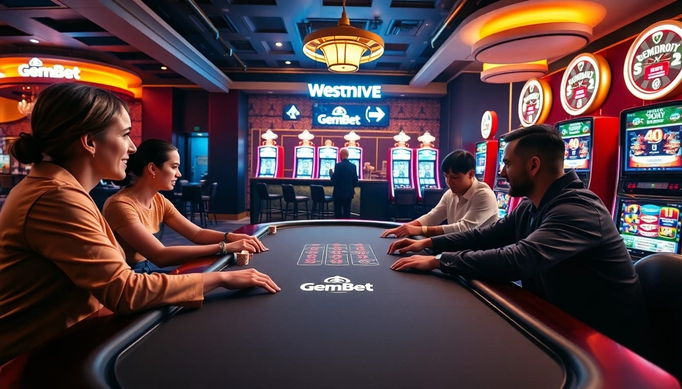 Engaging casino players enjoying GemBet at a vibrant poker table.