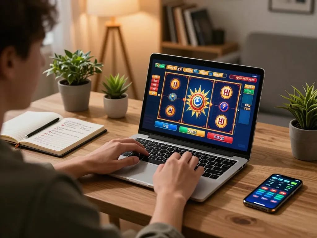 Engaged gamer at https://www.dacsandatphanrang.com/ using a laptop for slot games in a cozy home office.