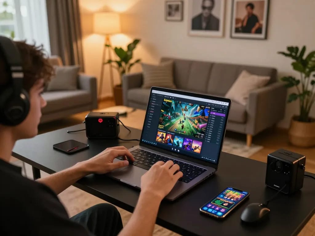 Pemain Kikitoto terlibat dalam permainan online di rumah dengan grafis yang cerah dan suasana yang nyaman.
