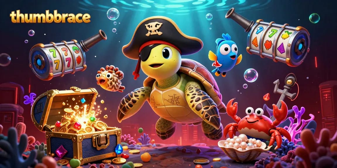 Spin and win with the thumbbrace-themed 3D pirate scene featuring vibrant casino elements and treasure.