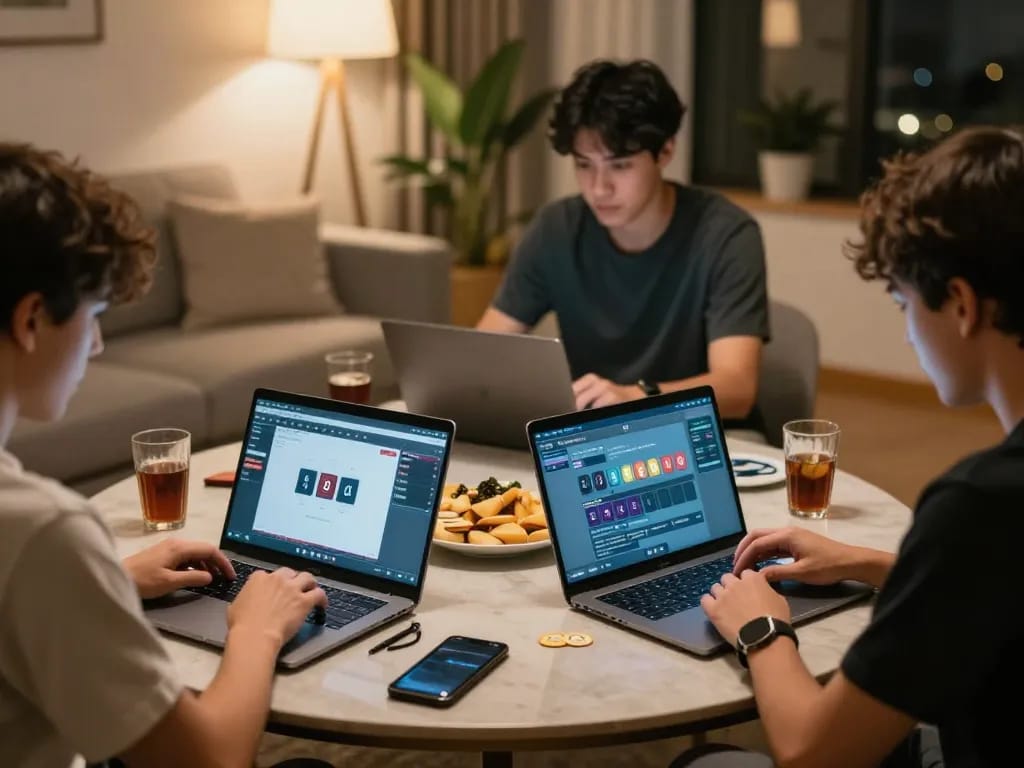 Phtaya players strategizing during an engaging online poker session at home, highlighting competitive gameplay.