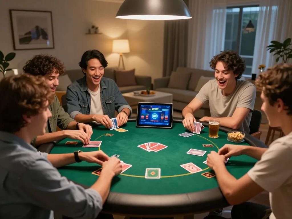 Friends enjoying a lively poker night while playing on the SG777 platform