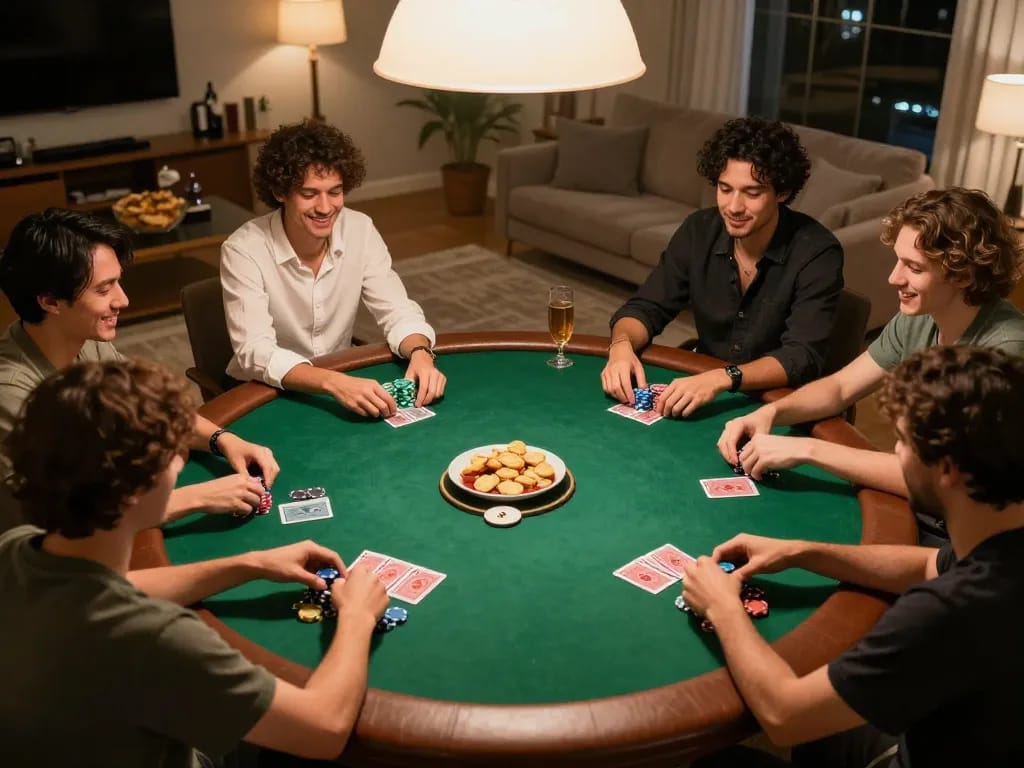 ggdewa777 players enjoy a lively home poker night surrounded by chips and laughter.