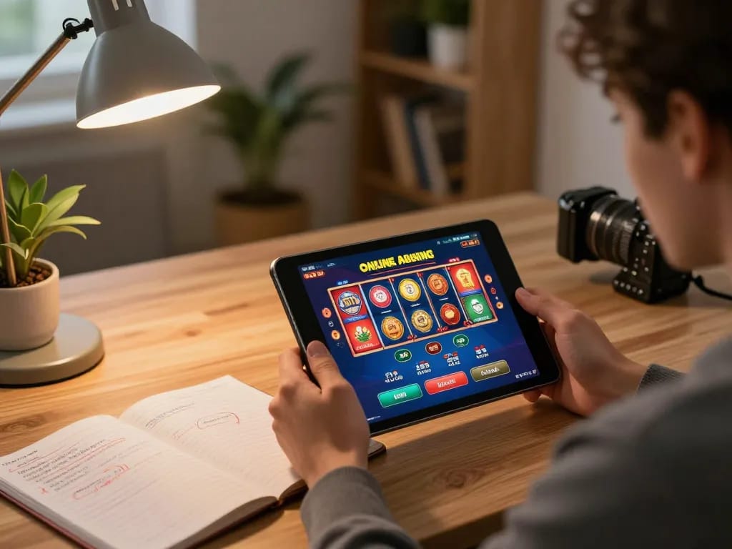 uu88 gaming at home on tablet with notebook for betting strategies in relaxed setting
