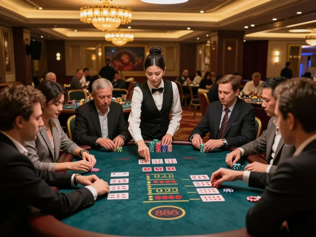 Active baccarat gameplay at nhà cái 888VI with players engaged and croupier managing bets