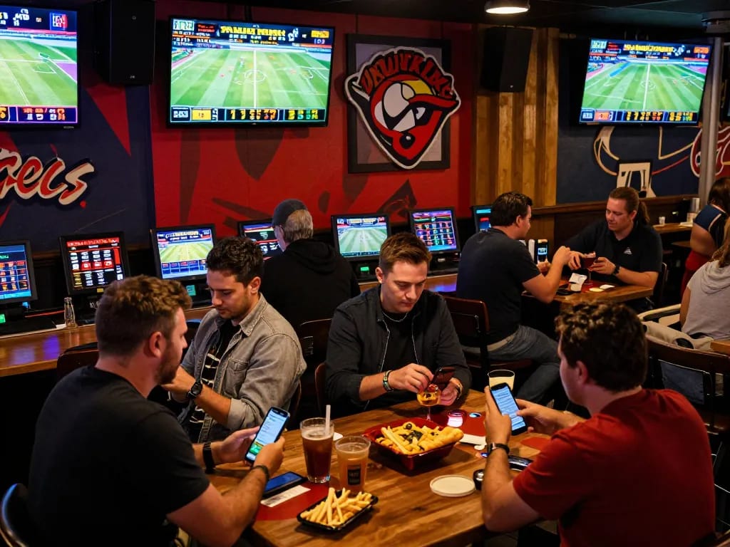 Exciting sports betting atmosphere as patrons check Keo nha cai 5 for the latest odds on mobile devices.
