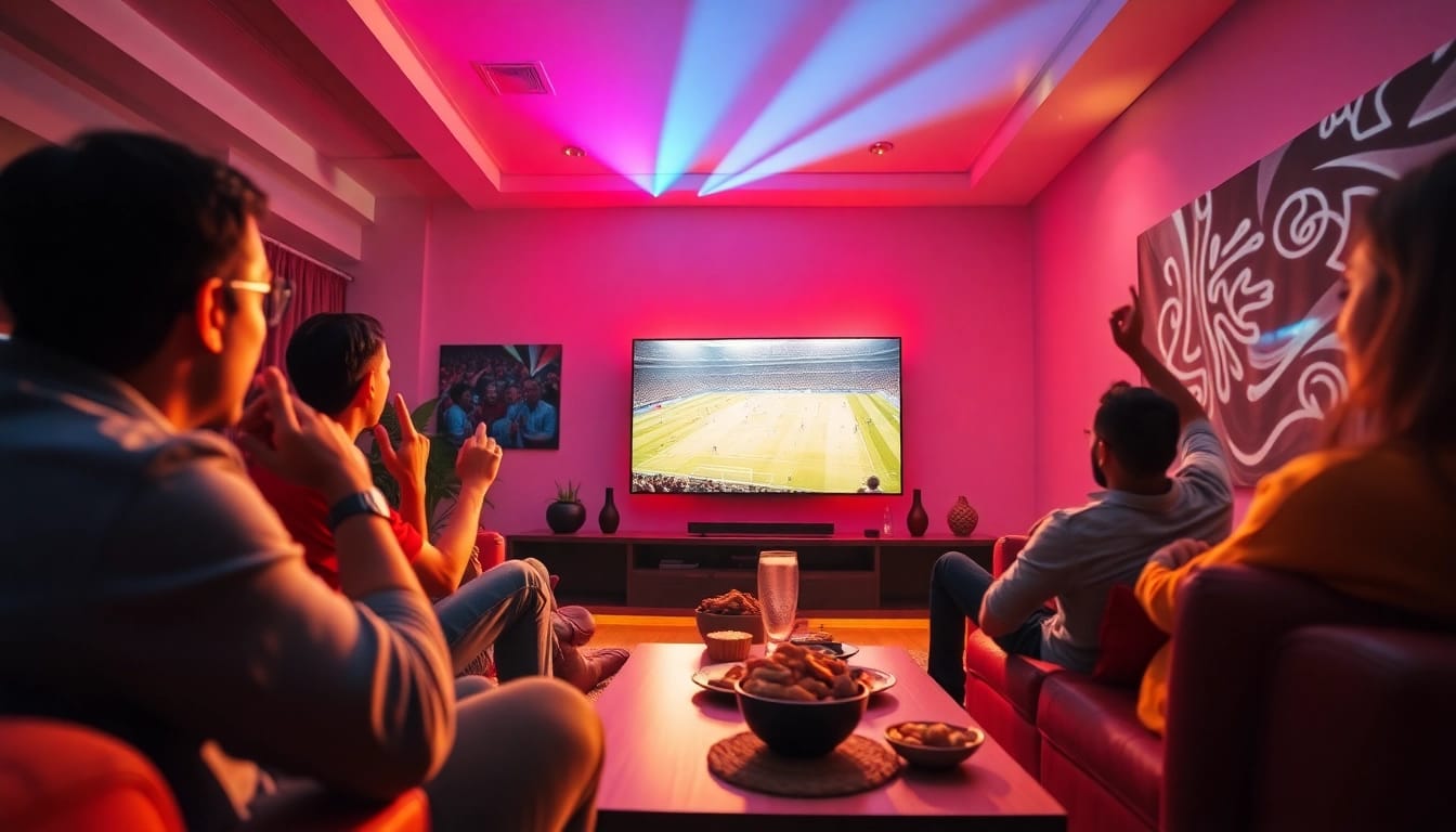 Socolive football streaming experience with enthusiastic fans enjoying a match at home