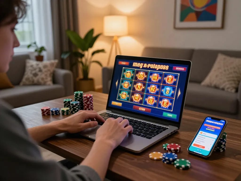 Engaging gameplay on megaplus88 online casino in a cozy home environment with laptop and chips.