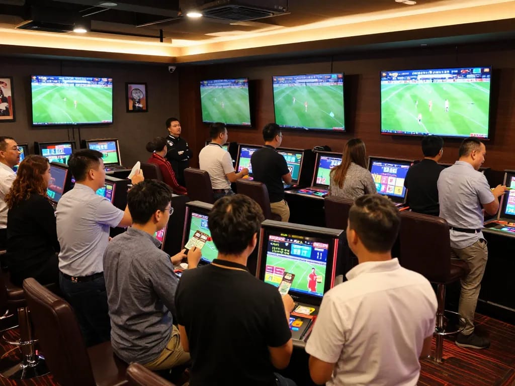 Tỷ Lệ Bóng Đá sports betting scene with enthusiastic bettors analyzing games.
