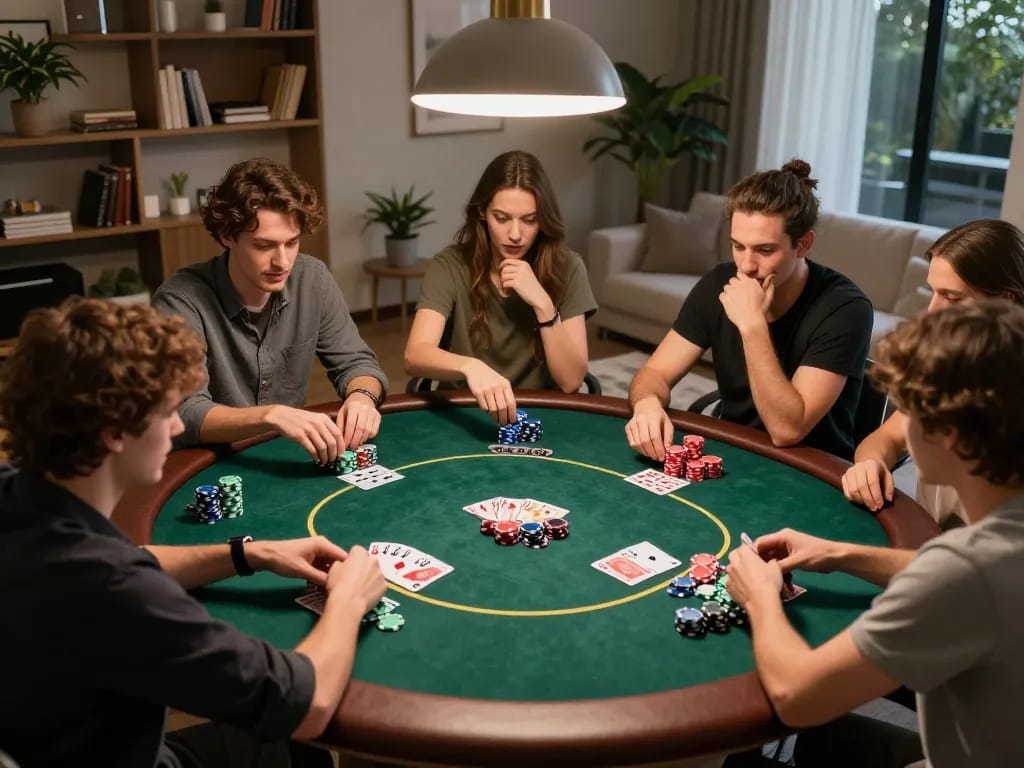 Permainan poker rumahan yang meriah menampilkan kegembiraan aman788 dengan teman-teman bersaing over chip berwarna-warni dan kartu yang cerah.