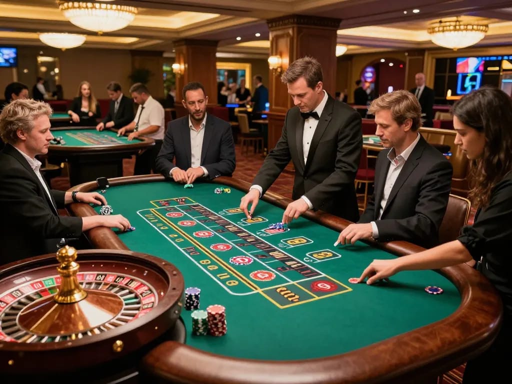 Engaged players at a live dealer game table at king33, showcasing excitement and strategic betting.