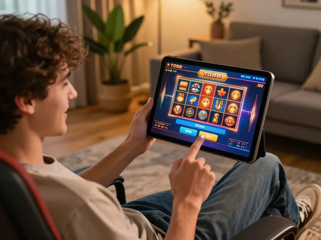 Engaged player enjoying a TG88 online slot machine game on a tablet, cozy home setup