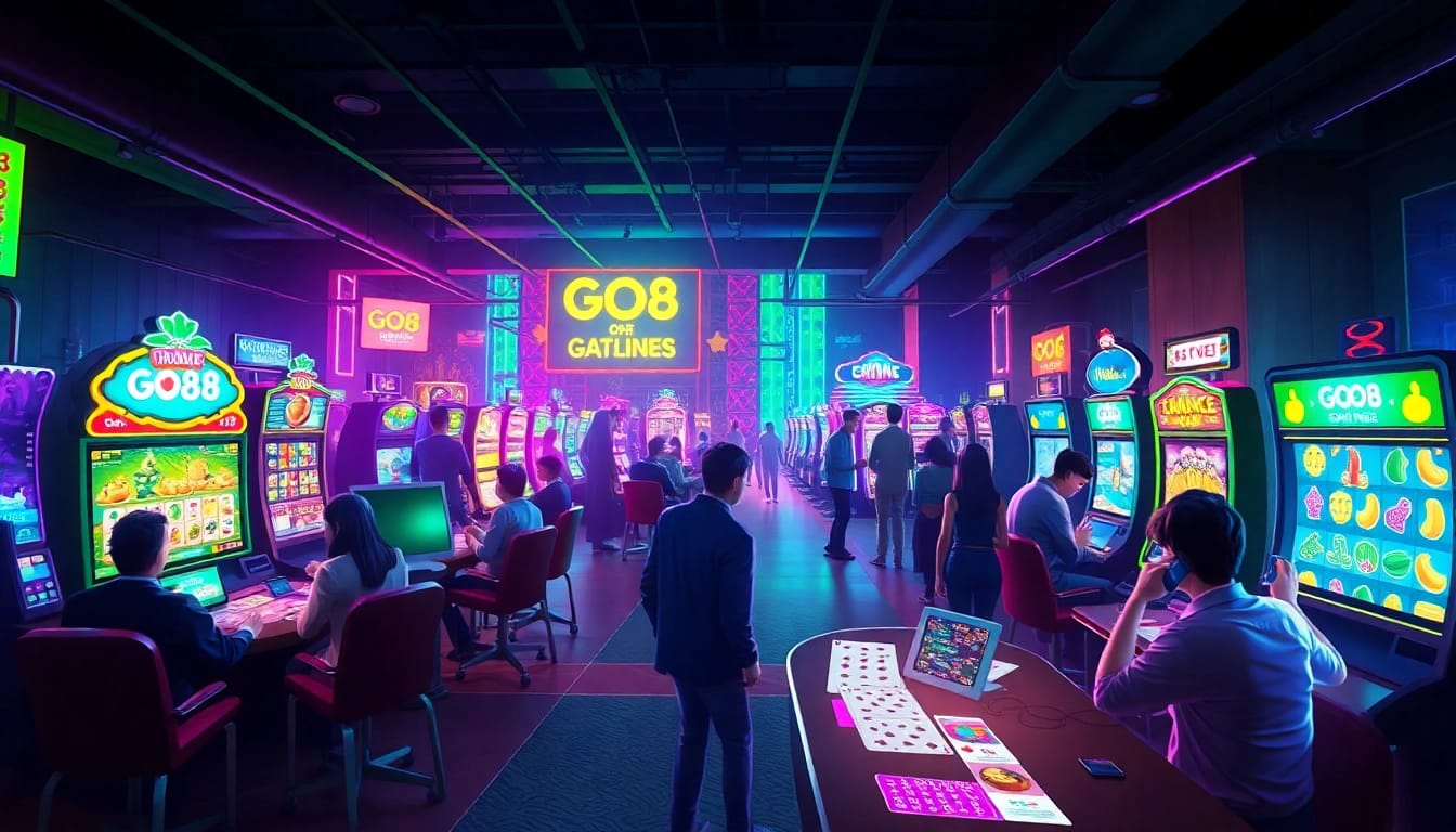 GO88 gaming experience with vibrant digital interfaces and enthusiastic players engaging in various games.