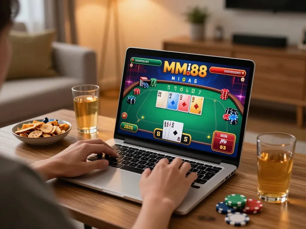 Engaged player enjoying mm88 casino games using a laptop in a cozy home environment
