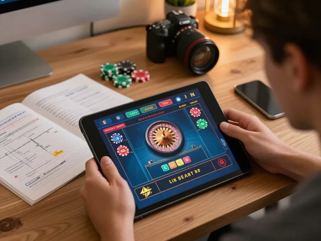 Experience online roulette gameplay and betting strategies with 5679 on a tablet in a cozy setting