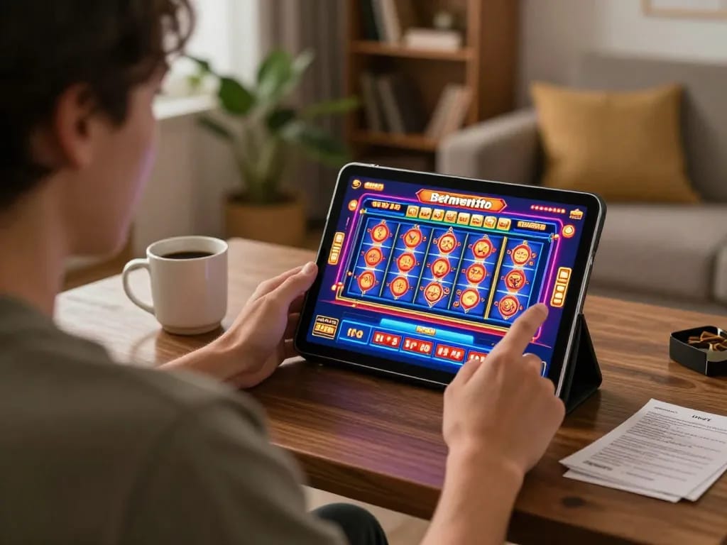 Betmentoto player engaged in mobile gaming at home, highlighting the excitement of online gambling.