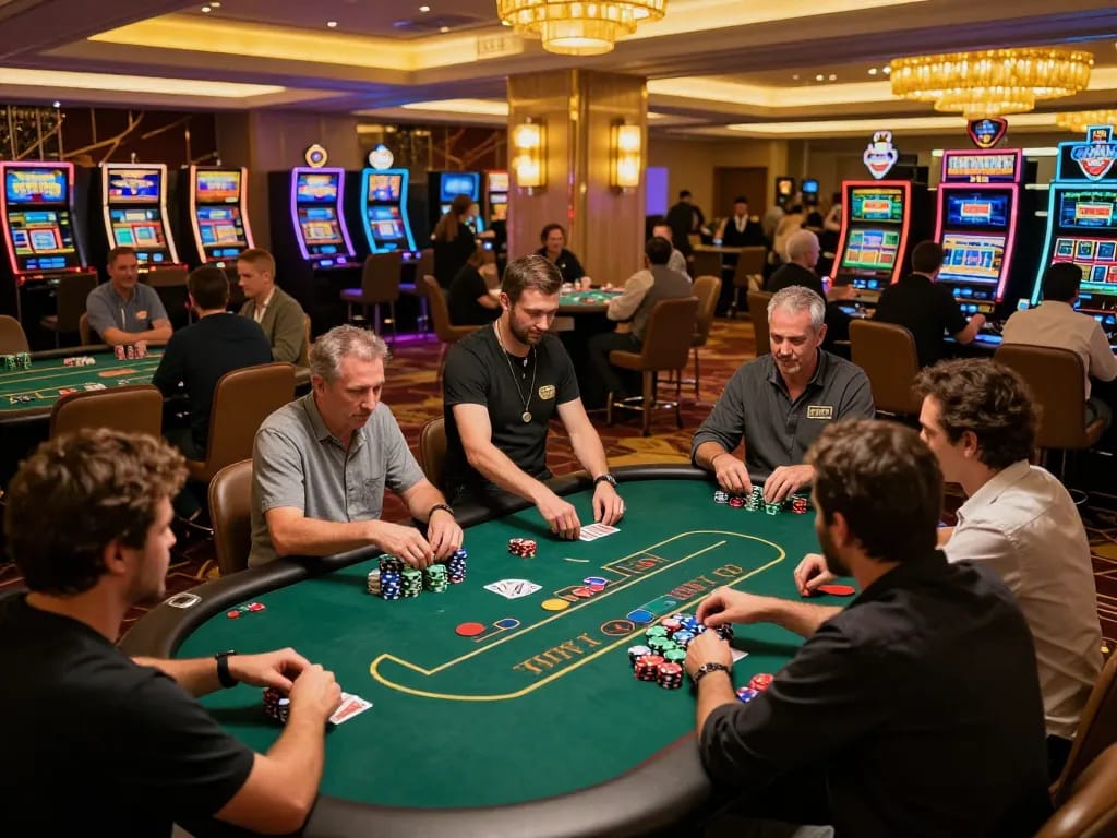 Create a caricature of lively casino gaming experience featuring engaged players and vibrant decor.