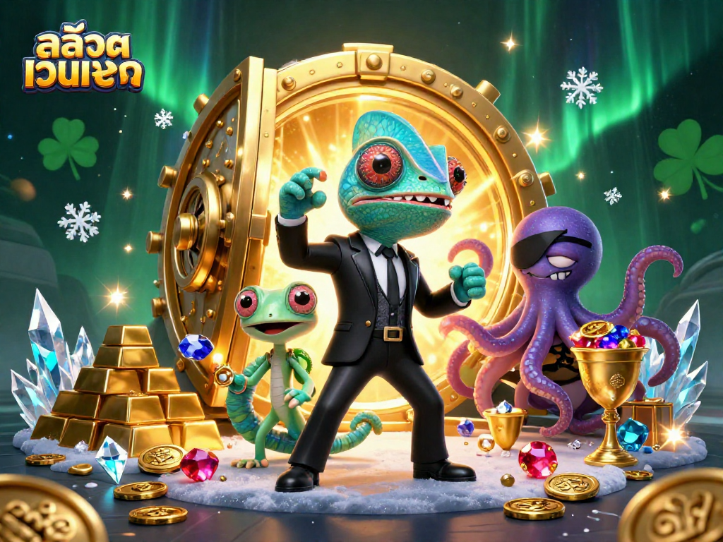 Engage with สล็อตเว็บตรง in a rich casino scene showcasing playful characters and treasures.