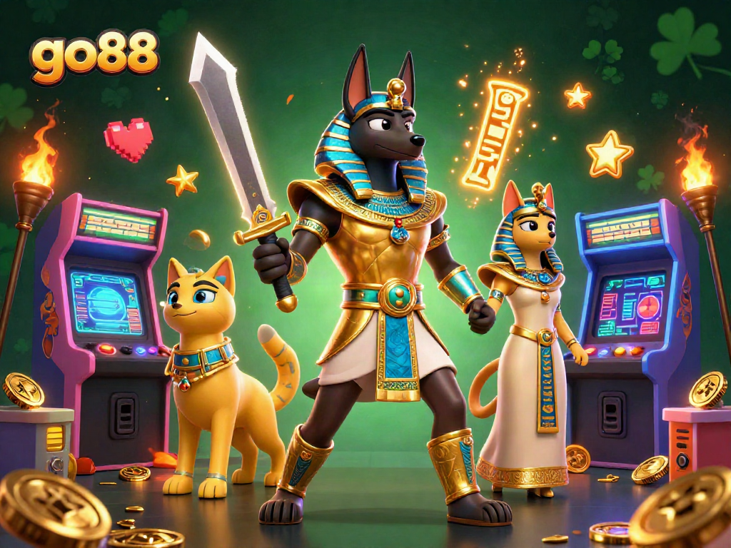 Play exciting games at go88, featuring Anubis and Bastet in an enchanting 3D casino scene.