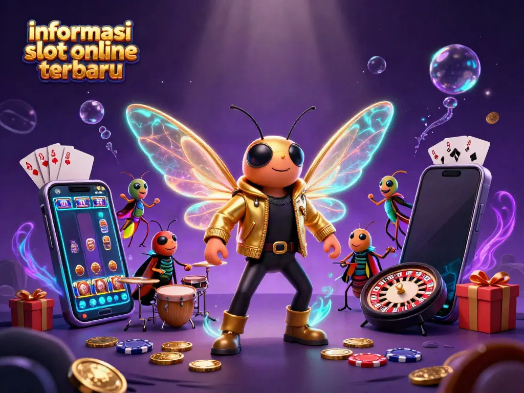 Gambaran menarik tentang informasi slot online terbaru dengan cicada rock star dan elemen permainan kasino.