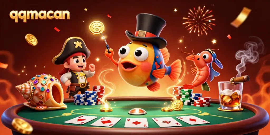 Engage with the vibrant scene of qqmacan showcasing dynamic 3D gambling characters and casino elements.