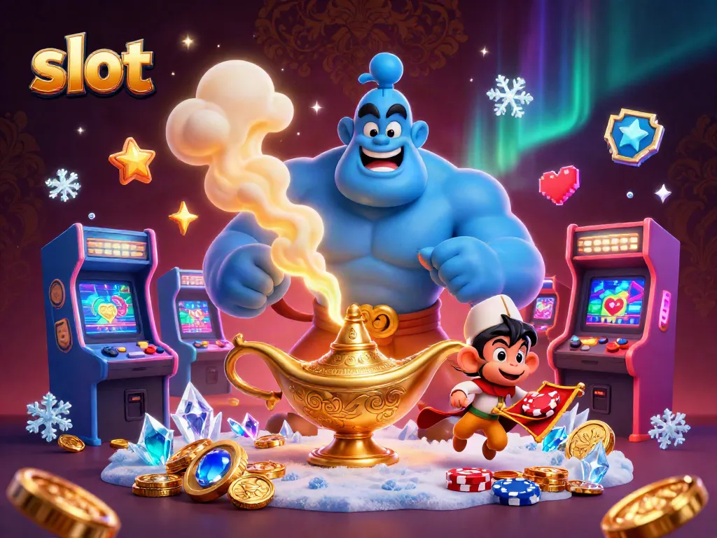 Permainan slot yang menarik dengan genie, monyet, dan karpet ajaib sedang menghibur pemain di kasino.