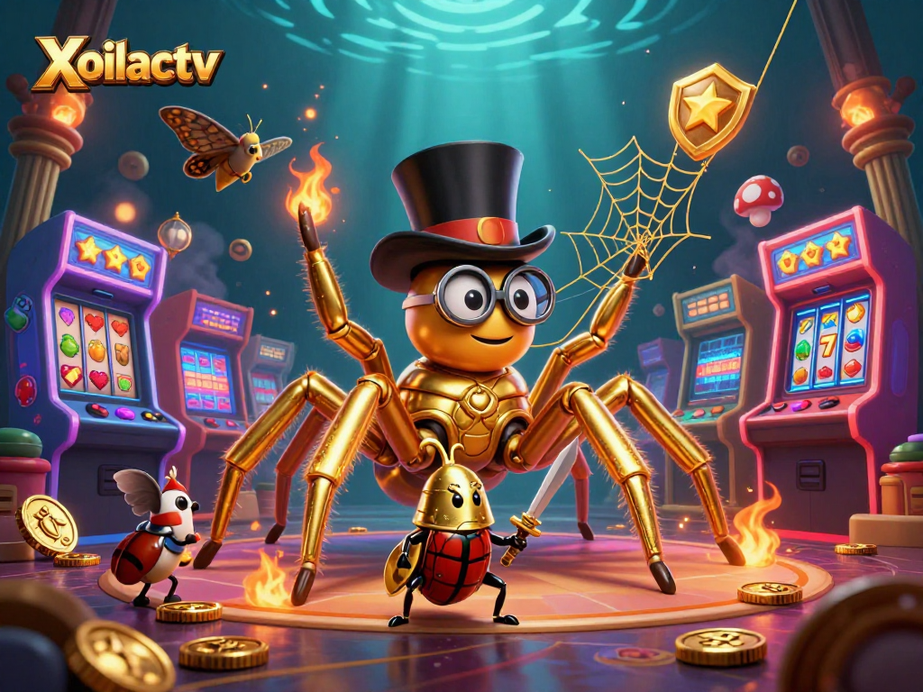 Xoilactv presents a vibrant, dynamic scene with golden tarantula and a knight amidst casino elements.