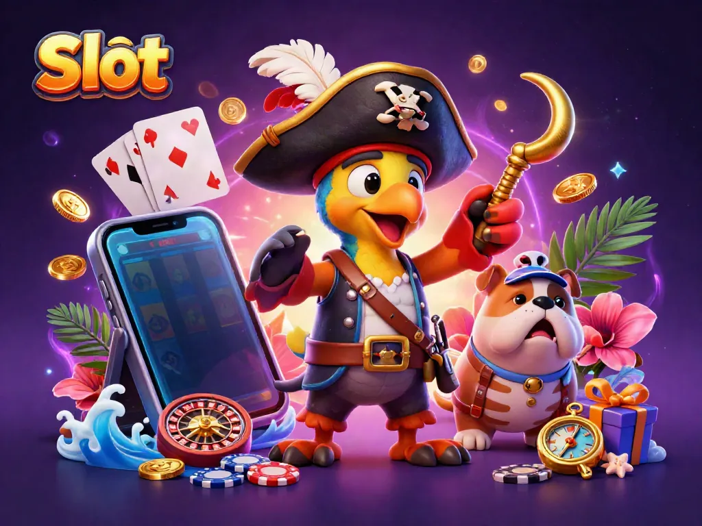Slot online yang menyenangkan dengan karakter kartun unik di sekitar permainan kasino.
