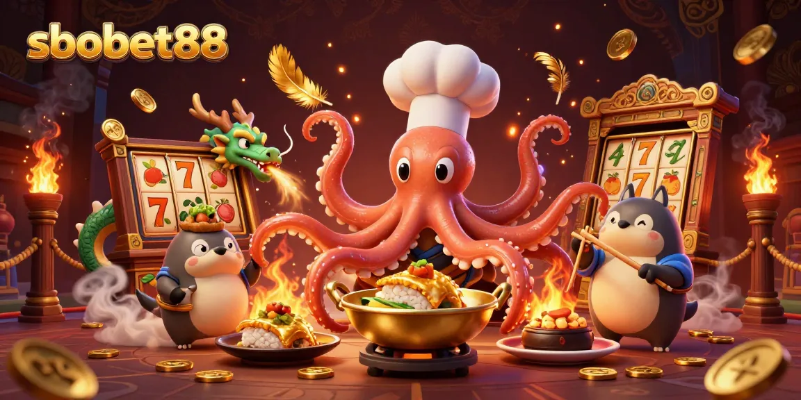 sbobet88 offers exciting gaming, featuring a sushi chef octopus cooking golden dishes in a vibrant casino scene