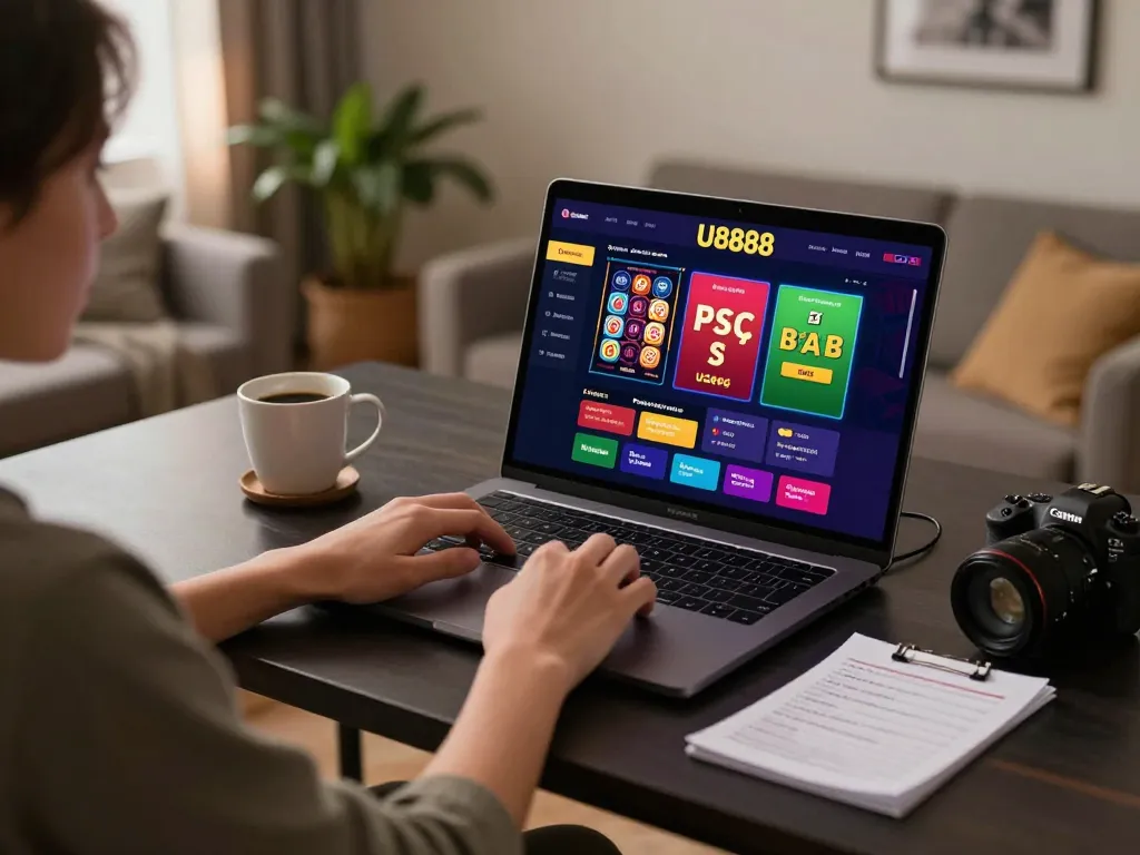 Engaging online gambling session showcasing U8888 platform on a laptop with vibrant gaming interface.