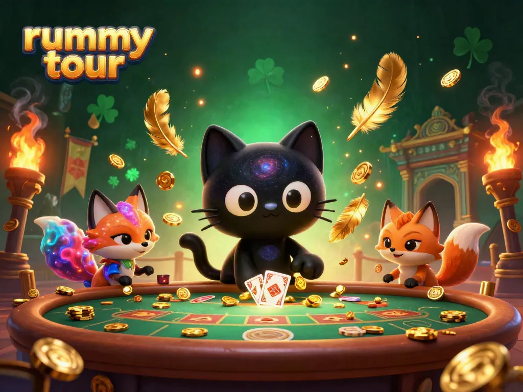 Permainan rummy tour yang menampilkan kucing hitam galaksi di meja kasino dengan koin emas berkilau.