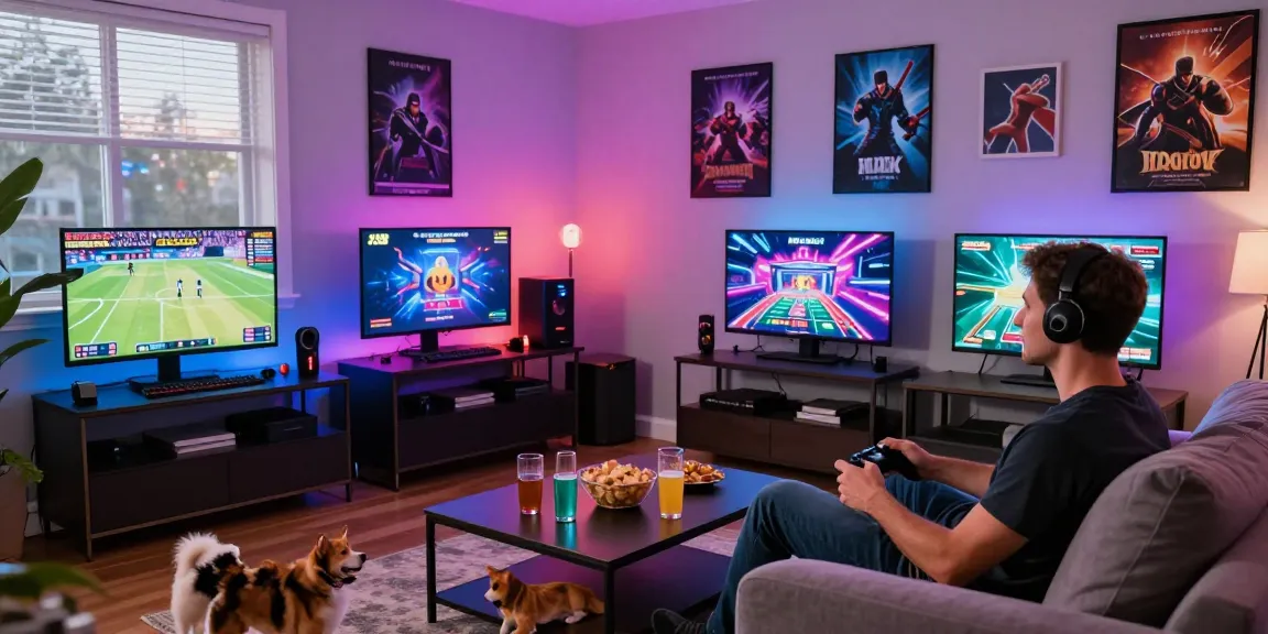 Engaging gamer enjoying Playexch247 in a lively living room, with vibrant LED lights and multiple screens.