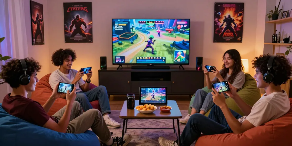 Friends enjoying digital games together on https://www.mpocash.net/ in a cozy lounge with vibrant graphics.