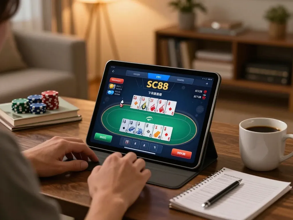 Engaging online gaming scene with a person playing đăng ký SC88 poker in a cozy home environment