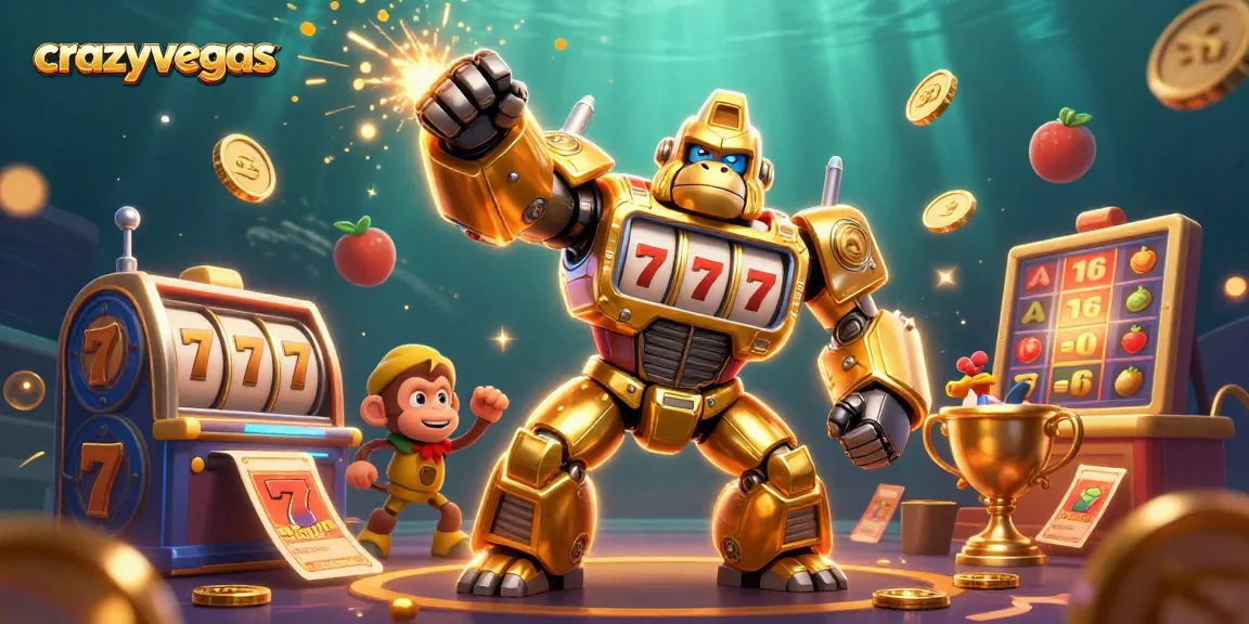 Experience thrilling wins at crazyvegas with a golden gorilla mech amidst dynamic slot game elements.