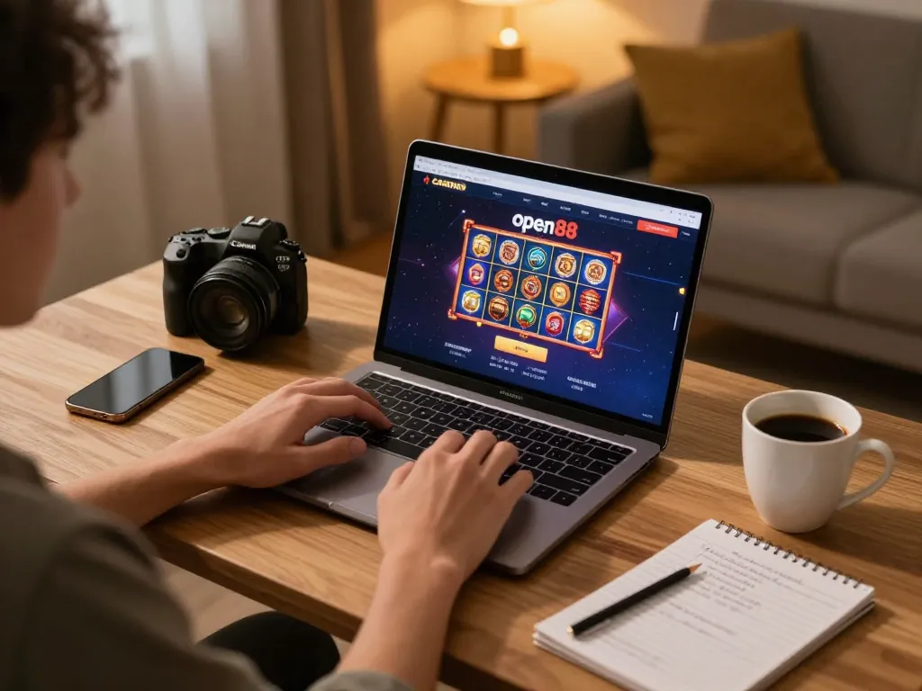 Player strategizing on open88 while enjoying online slots in a cozy home setting