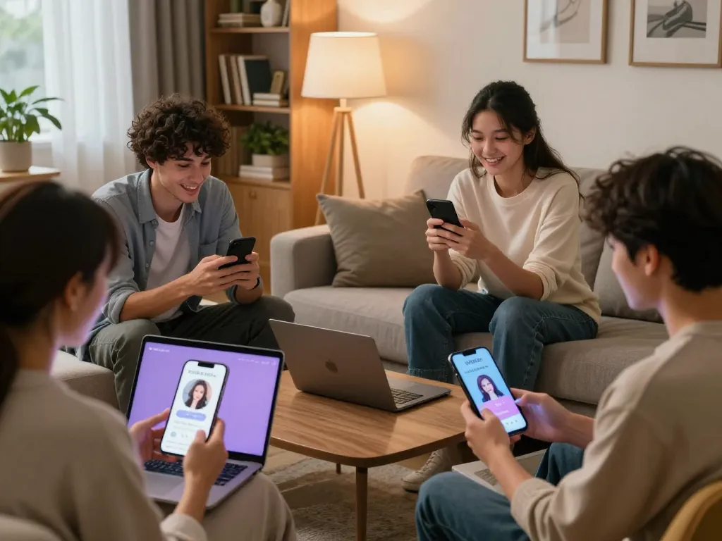 Immersive scene of users engaging in ai sex chat with personalized NSFW AI companions in a cozy setting.