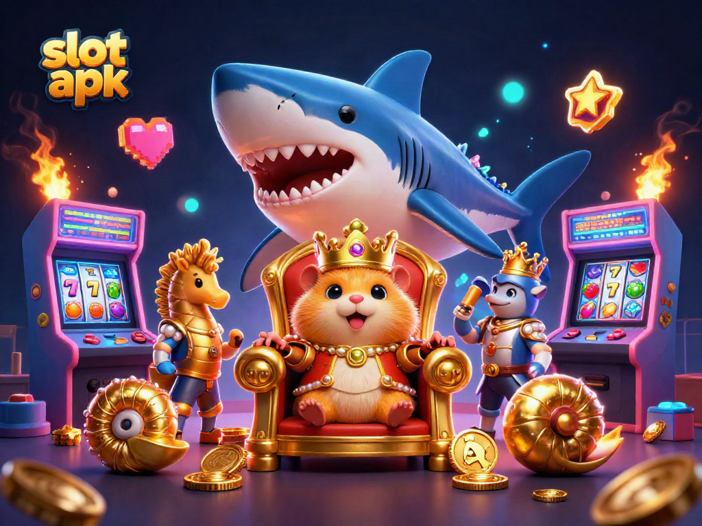 Experience slot apk excitement with a fierce golden hamster king in a captivating 3D casino scene.