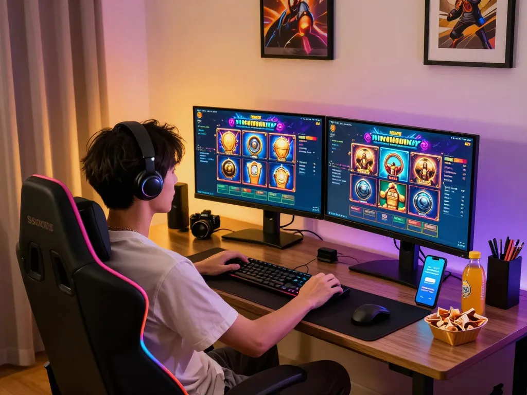Immersive kdslot gaming setup with dual monitors, snacks, and warm decor.