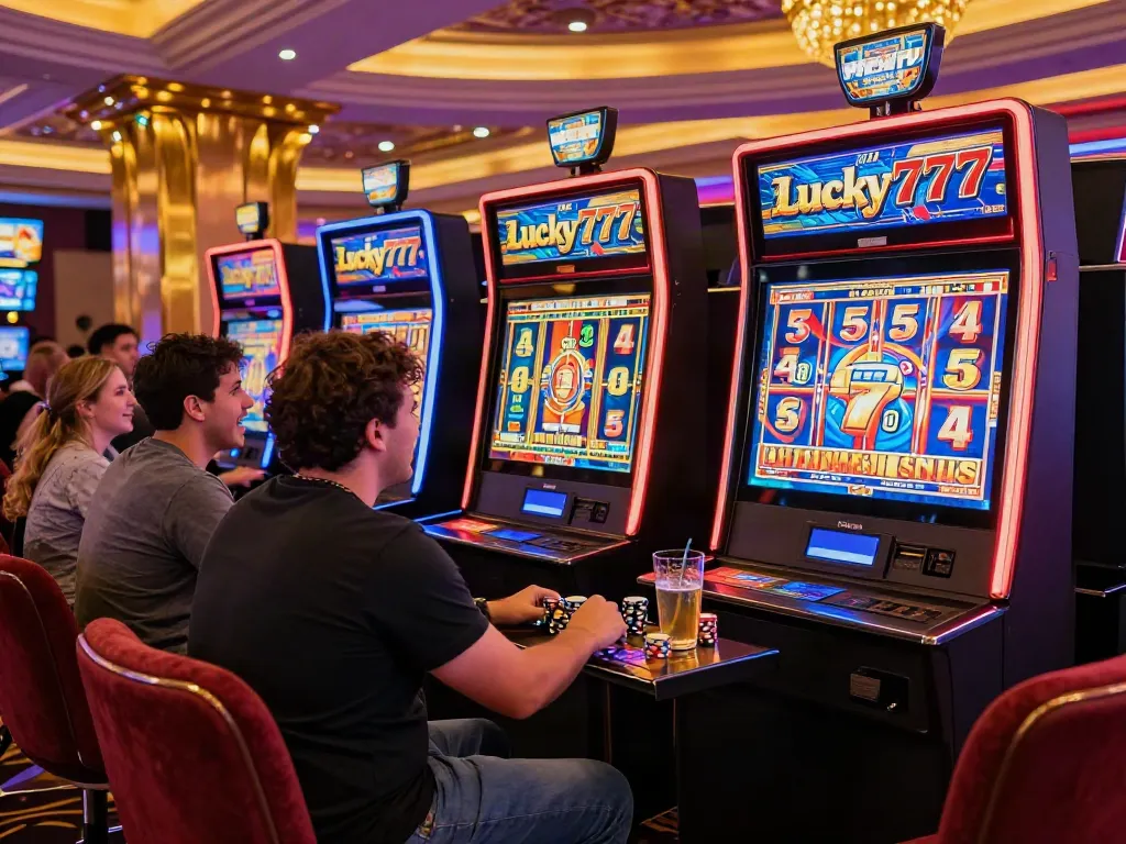Exciting Lucky777 slot game scene in a vibrant casino environment with players engaged.