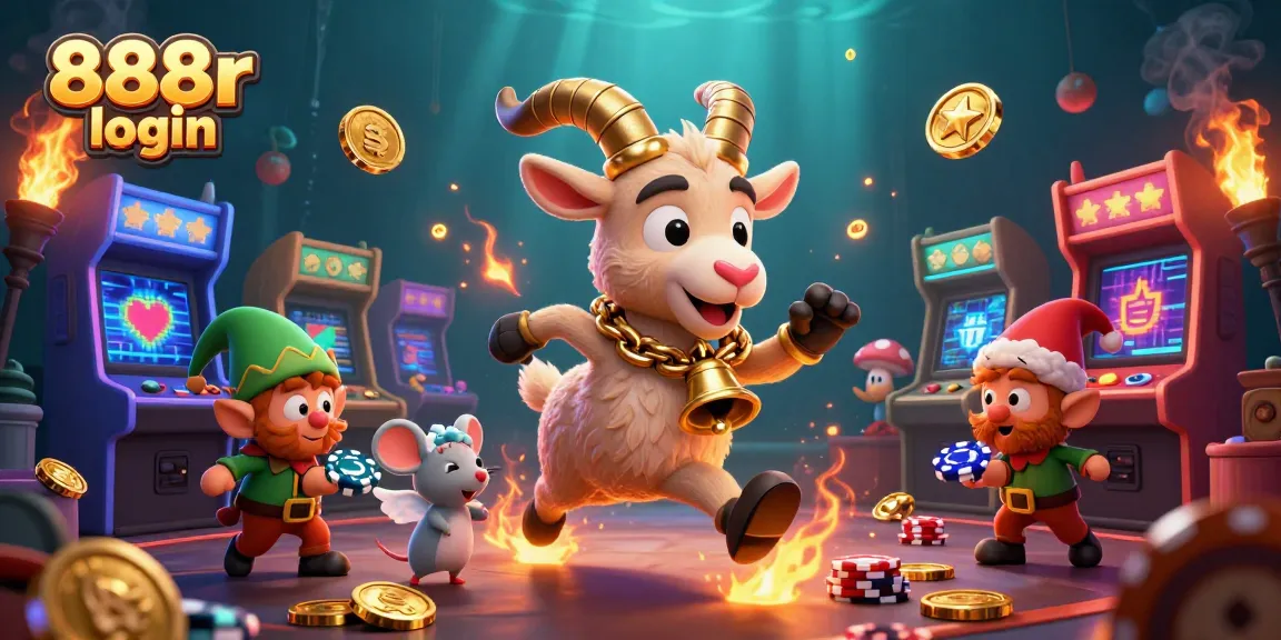 Secure your 888r login with cheerful Krampus and quirky casino gremlins in a vibrant game scene.