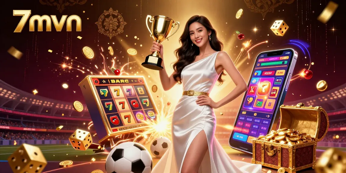 Experience thrilling sports betting action with 7mvn, featuring a victorious woman holding a trophy in a vibrant casino atmosphere.